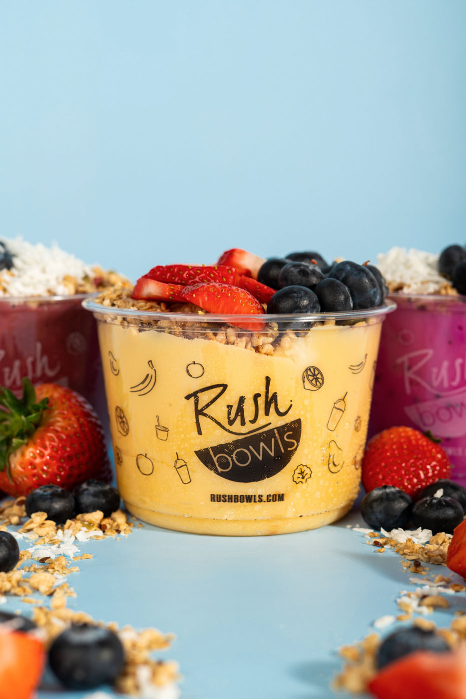 A mango smoothie bowl made by Rush Bowls for our signature smoothie bowl catering in Bentonville, AR.